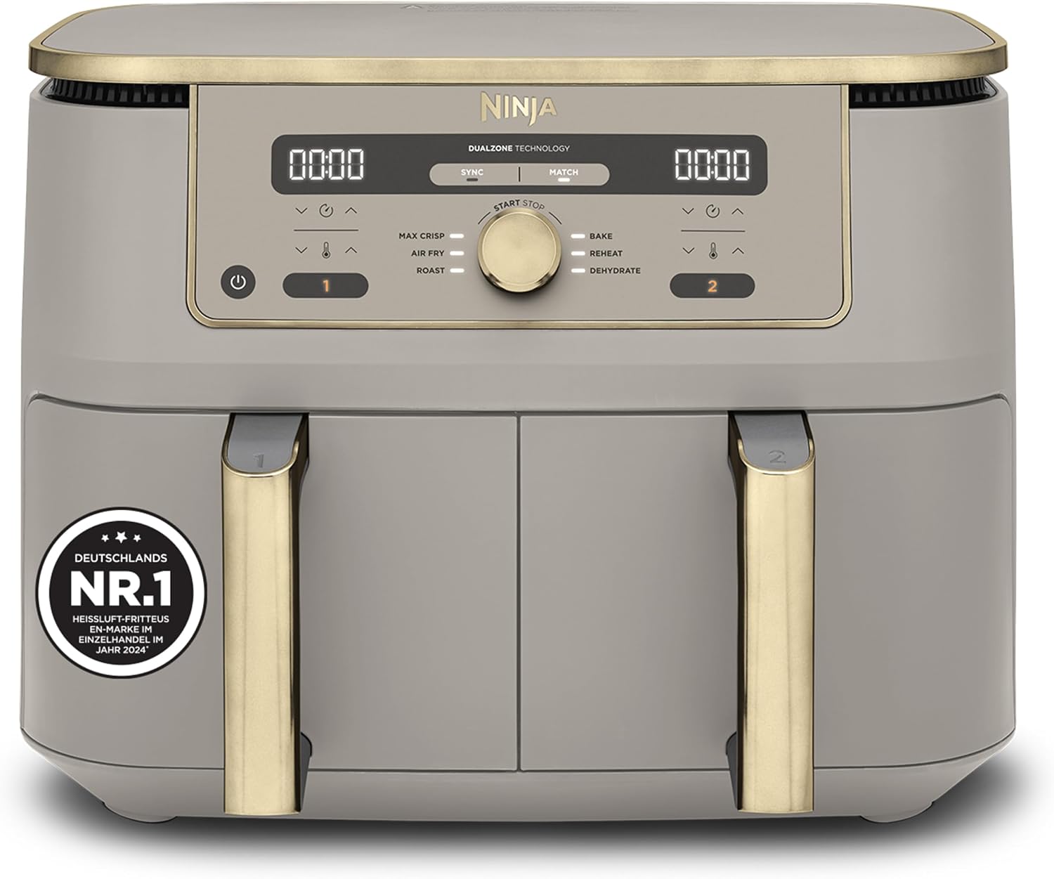 Ninja Dual Zone Digital Air Fryer, 2 Schubladen, 6-in-1, Heißluftfritteuse, 9,5L, Heißluft-Frittieren, Max Crisp, Rösten, Backen, Aufwärmen, Spülmaschinenfeste Körbe, Stone/Gold DZ400EUSTGD