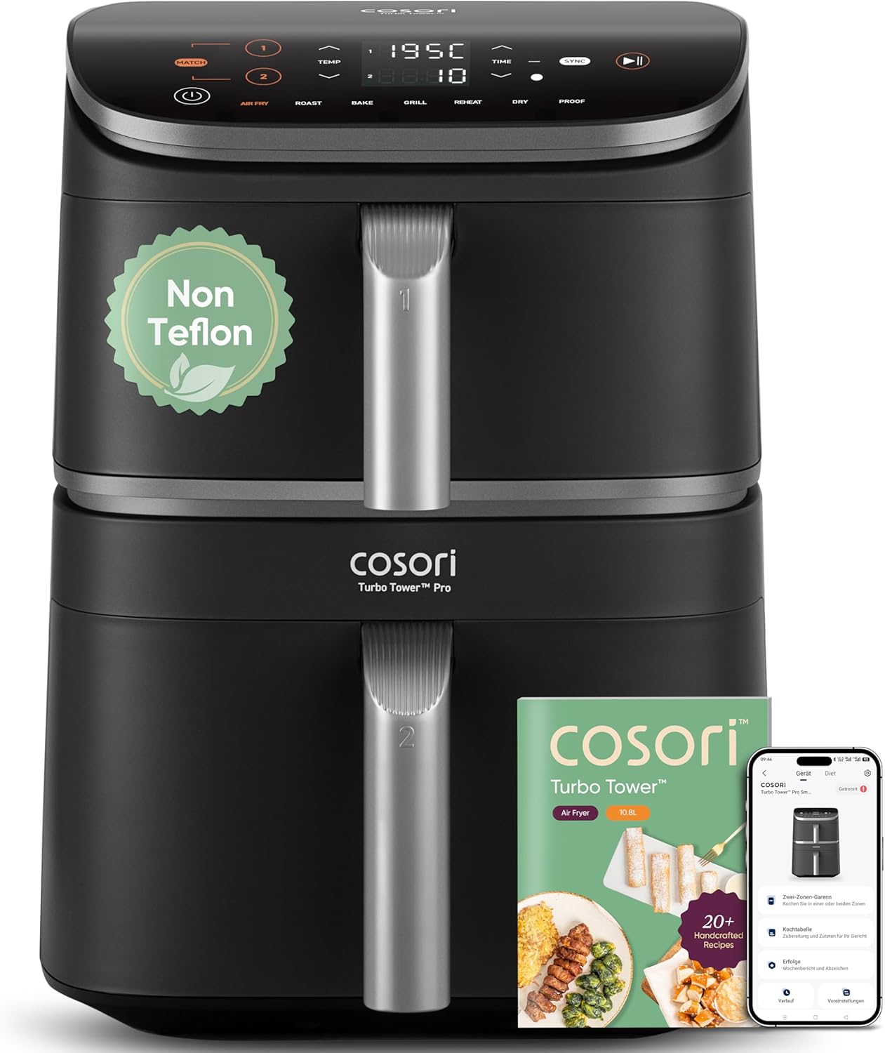 COSORI Turbo Tower Pro 10.8L Smart Air Fryer WiFi Dual Zone Ceramic Coating DualBlaze Technology Silver Grey
