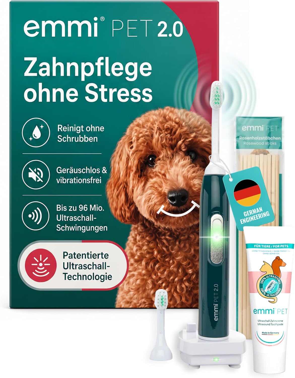emmi-pet 2.0 Ultraschall-Zahnbürste, Geräuschlose Hundezahnbürste ohne Schrubben mit 96 Mio. Schwingungen - beugt Zahnstein & Entzündungen vor – Inkl. Ultraschall-Aufsätze & Hundezahnpasta – Grün