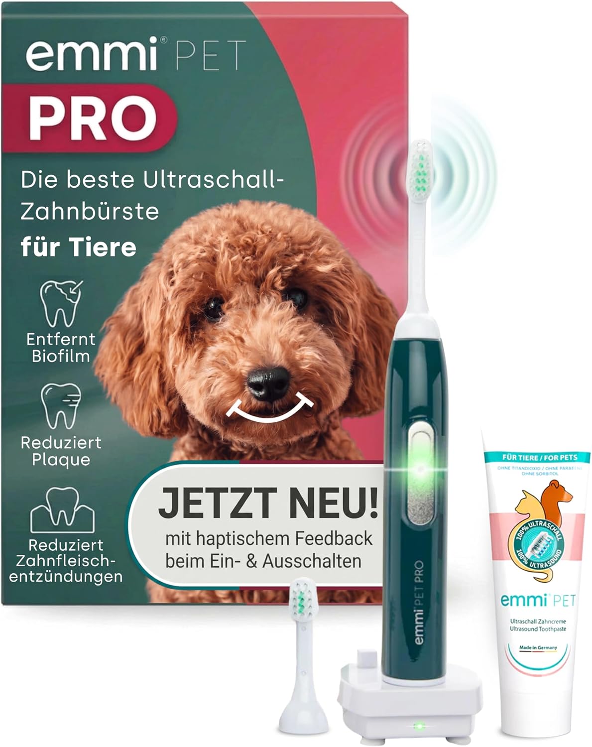emmi-PET PRO Ultraschallzahnbürste für Hunde I Ultraschall Zahnpflege I Bis zu 96 Mio. Schwingungen/Min. & 12 Tage Akkulaufzeit I Inkl. Ladestation, Zahncreme & Aufsätzen I German Engineering